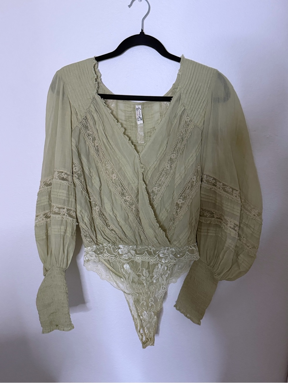 Free People Olive Lace-Trim Wrap Bodysuit